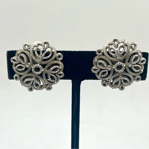 napier vintage silver tone clip on earrings ornate scroll filigree